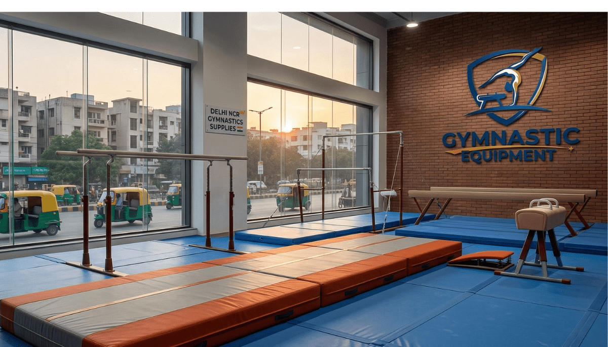 Professional gymnastics equipment in Delhi NCR showroom with mats and bars